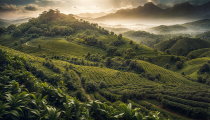 Coffee plantation. High mountain coffee plantation. Fantastic mountain landscape