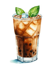 Watercolor illustration of an iced mint latte with cream on a transparent background. Cool drink with ice cubes and mint leaves. Summer drink clipart.