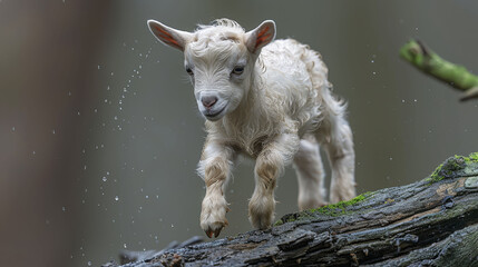   A tight shot of a baby goat on a tree limb, droplets of water trickling from its face