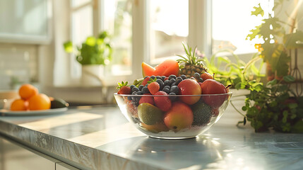 Macro shot of a bowl of fresh fruit on a kitchen counter, modern interior design, scandinavian style hyperrealistic photography