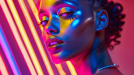 A stunning model poses in a vibrant studio, bathed in neon lights. Her face is a canvas for bold makeup, its colors exploding against the vivid backdrop.