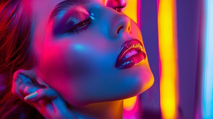 A stunning model poses in a vibrant studio, bathed in neon lights. Her face is a canvas for bold makeup, its colors exploding against the vivid backdrop.