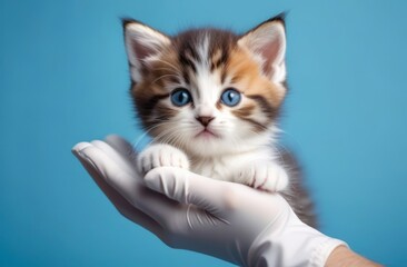 Kitten vet examining. Striped gray cat in doctor hands on color blue background. Kitten pet check up, vaccination in veterinarian animal clinic.Health care domestic animal.Long Web banner Copy space