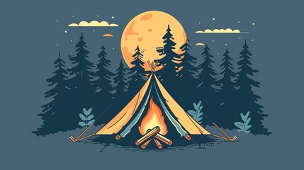 A tent and campfire in the forest represented by an illustration. The icon shows hiking and nature, and is a great choice for websites and designs.