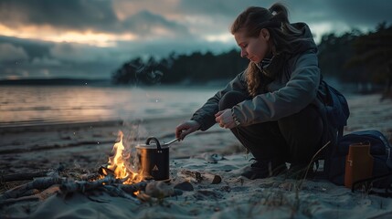 A woman boils water over a campfire on the beach in Sweden.