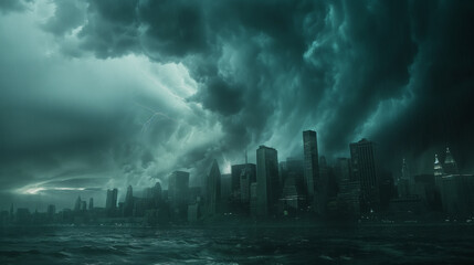 A terrible hurricane is approaching the city, dark clouds and sky, cinematic scene, epic scene. - obrazy, fototapety, plakaty