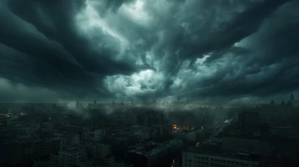 Deurstickers A terrible hurricane is approaching the city, dark clouds and sky, cinematic scene, epic scene. © John_Doo78