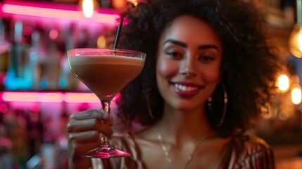 A woman holds a glass of creamy espresso martini cocktail