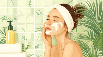 Deurstickers Illustrated Serenity: Adult Woman Treating Herself to Spa and Cosmetic Delight © masanyanka