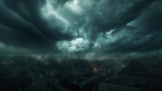 A terrible hurricane is approaching the city, dark clouds and sky, cinematic scene, epic scene.