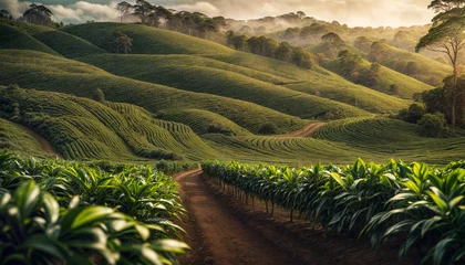 Deurstickers Coffee plantation. Highland coffee plantation. Fantastic evening mountain scenery Sunset coffee harvest © Alex Puhovoy