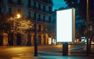 Mockup, Blank white vertical advertising banner billboard stand on the sidewalk at night