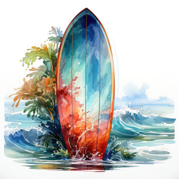 watercolor surfboard ocean waves beach scene clip art preview