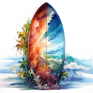 colorful surfboard beach scene watercolor clip art preview