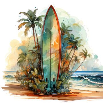 surfboard on beach with palm trees clip art preview