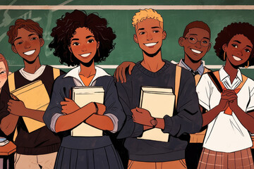 illustration of a multi-ethnic group of young students smiling in a classroom in front of a blackboard