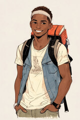 graphic illustration of young smiling african american student with books and backpack in front of a neutral background