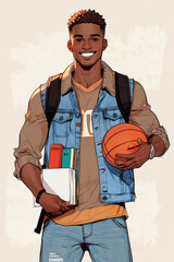 graphic illustration of young smiling african american student with books and backpack in front of a neutral background