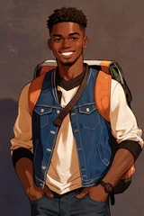 Deurstickers graphic illustration of young smiling african american student with books and backpack in front of a neutral background © Marino Bocelli