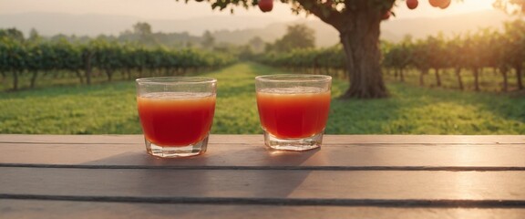 Glass of juice smoothie drink on table, field background. - obrazy, fototapety, plakaty