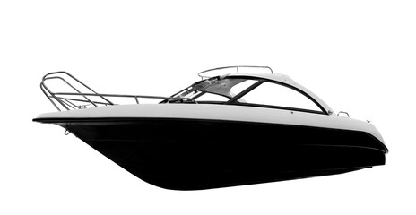 A black boat with a white top is shown on a white background. The boat is sleek and modern, with a...