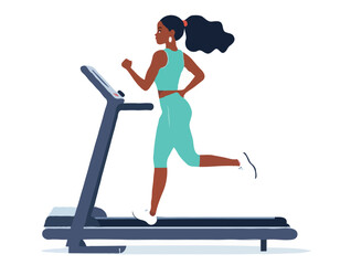 A young athletic African-American woman runs on a treadmill. Vector illustration