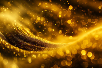 whirling gold particles in yellow fluid, magical wave spiral background