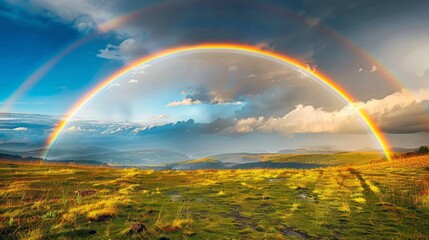   A few rainbows arch over a grassy field, each ending at a distinct point, with a clear path leading towards their terminations