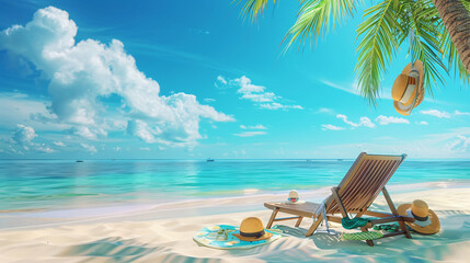 Tropical beach with sunbathing accessories summer