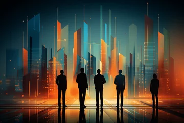 Deurstickers Silhouettes of businessmen on abstract city background at night. © Jminka