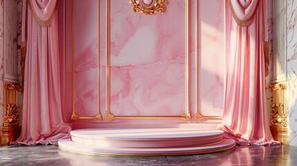 Regal Pink Marble Stage with Opulent Gold Accents and Elegant Draped Velvet Curtains, podium, 3d, stand, display, stage