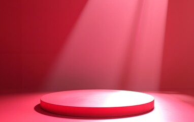 3D Illustration. Minimal red podium for christmas product display. Color round pedestal placed on studio floor. 3D shaded, light from top. Red Spot Light in background