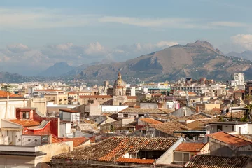 Foto op Plexiglas Expansive view over the rooftops of Palermo, with the city diverse architecture foregrounded against the silhouette of distant mountains, Sicily, Italy © mikeosphoto