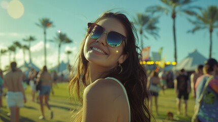 Happy girl at music Festival with sunglasses, Coachella style