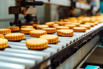 conveyor for production of crumbly round sweet biscuits, selective focus