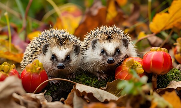 Zwei Igel im Garten im Laub, sch&ouml;nes Herbstbild