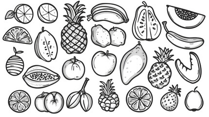 illustration set of fruits, coloring page, contour, black and white, drawing, tropics, food, vitamins, pineapple, apple, banana, exotic