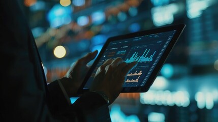 Detailed view on a digital tablet with capital allocation graphs across sectors, analyzed by a business professional. Capital allocation