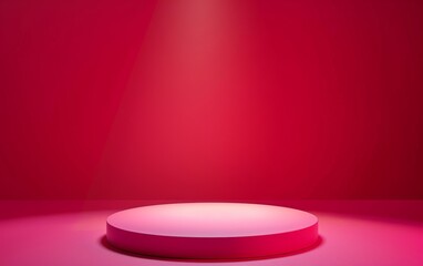 3D Illustration. Minimal red podium for christmas product display. Color round pedestal placed on studio floor. 3D shaded, light from top. Red Spot Light in background