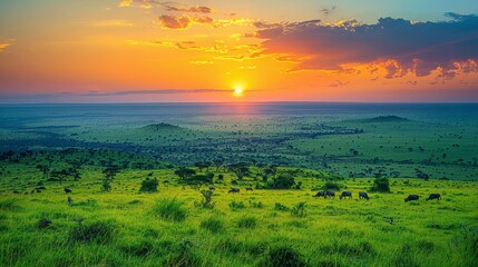   The sun sets over the expansive emerald field, animals graze in the foreground