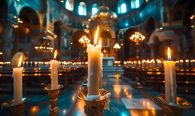 Kerzen in einer orthodoxen Kirche, erfürchtige Stimmung, Kerzenschein, Kirche