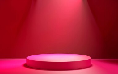 3D Illustration. Minimal red podium for christmas product display. Color round pedestal placed on studio floor. 3D shaded, light from top. Red Spot Light in background