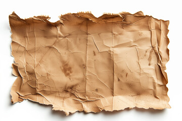 old craft brown crumpled paper as banner, empty, isolated on white background.