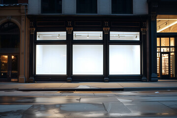 shop windows, empty square glowing in evening city, banners