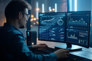 business analytics dashboard with charts, analyst man works on computer, data analysis concept