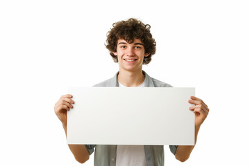 smiling young man with curly hairstyle holds empty white rectangular banner, isolated on white background