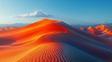   A vast expanse of sand dunes, towering mountains in the backdrop, and a clear blue sky punctuated by distant clouds - obrazy, fototapety, plakaty