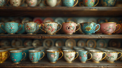 Macro shot of a collection of antique teacups on a shelf, modern interior design, scandinavian style hyperrealistic photography