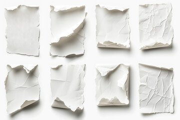 set of white ripped crumpled empty pieces of paper, isolated on white background