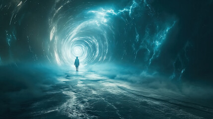 Woman walking through the dark blue tunnel towards the glowing white light. Mystical portal to another world, different dimension or afterlife. Exploration, transition, the unknown.